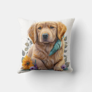 Coussin Chiot Retriever doré aquarelle mignon