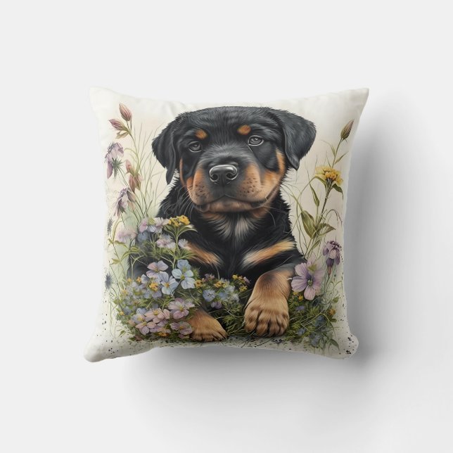 Coussin Chiot Rottweiler à l'aquarelle mignon (Verso)