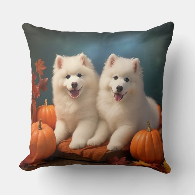 Coussin Chiot Samoyède Délice d'Automne Citrouille  (Recto)