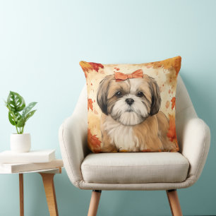 COUSSIN CHIOT SHIH TZU ADORABLE AVEC FEUILLES D'AUTOMNE