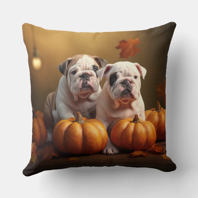 Coussin Chiots Bouledogue Délice d'Automne Citrouille (Verso)