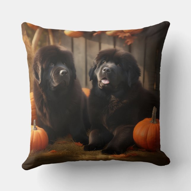 Coussin Chiots de Terre-Neuve Automne Délice Citrouille (Verso)