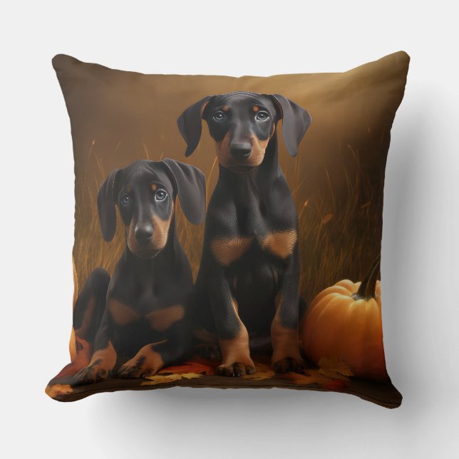 Coussin Chiots Doberman Délice d'Automne Citrouille  (Recto)