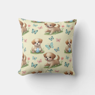 Coussin Chiots et papillons à l'aquarelle jaune