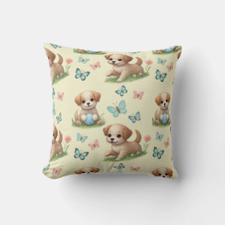 Coussin Chiots et papillons à l'aquarelle jaune