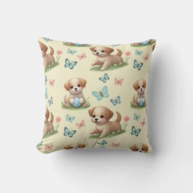 Coussin Chiots et papillons à l'aquarelle jaune (Recto)