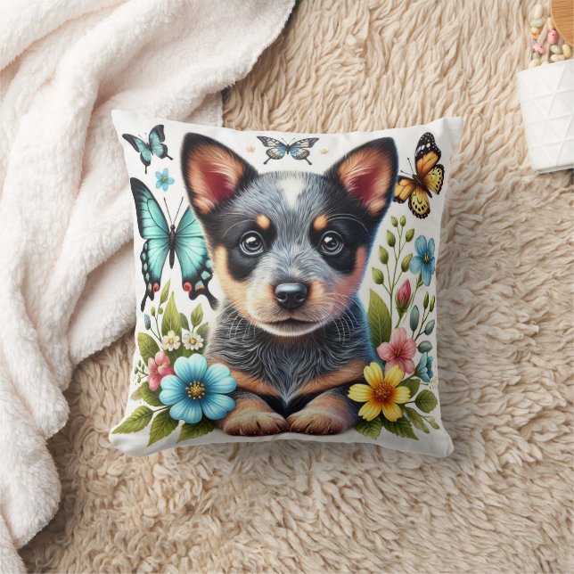 Coussin Chiots Heeler avec papillons et fleurs  (Couverture)