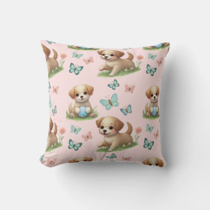 Coussin Chiots roses et papillons à l'aquarelle