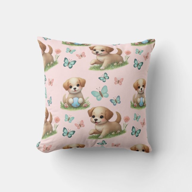 Coussin Chiots roses et papillons à l'aquarelle (Recto)