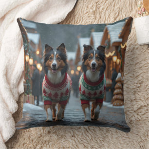 Coussin Chiots Rough Collie Noël Neige Fêtes