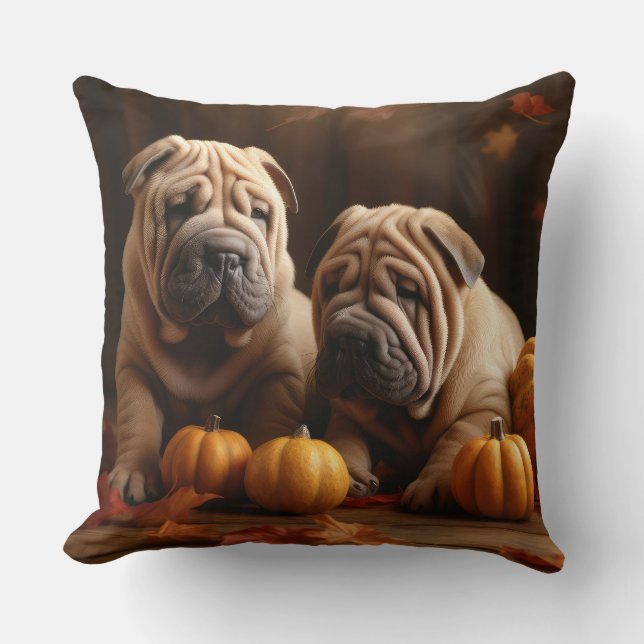 Coussin Chiots Shar Pei Automne Délice Citrouille (Recto)