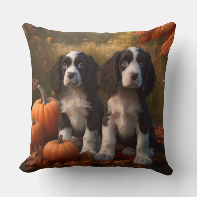 Coussin Chiots Springer Spaniel Délice d'Automne Citrouill (Recto)