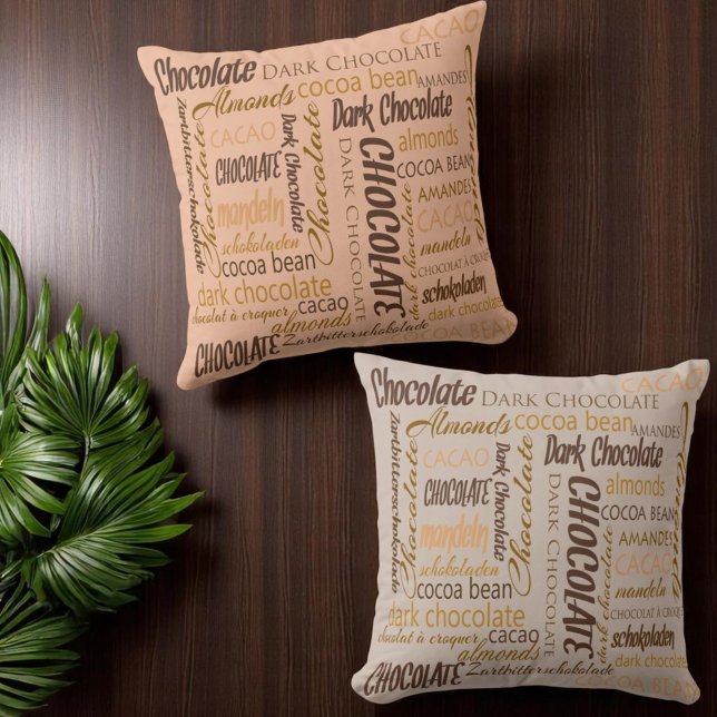 Coussin Chocolat, amandes et chocolat foncé Conception de  (Pillow front and back word cloud different color backgrounds)