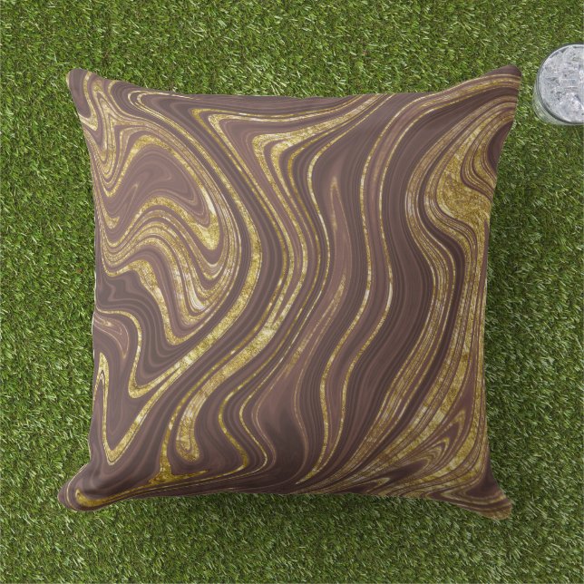 Coussin Chocolat Brown et or Marbre Look Motif (Herbe)