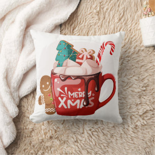 Coussin Chocolat Chaud Rouge Festif Art de Noël de Dessin