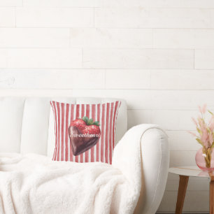 Coussin Chocolat Coeur de Fraise Rayures Rouges et Blanche