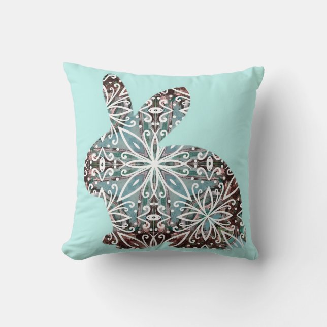 Coussin Chocolat de lapin de mandala et carreau de bleus (Recto)
