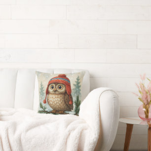 Coussin Chouette aquarelle dans un bonnet d'hiver