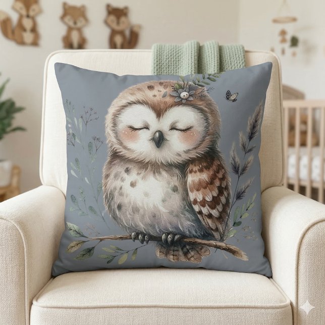 Coussin Chouette aquarelle mignonne de style floral forest (Cute Watercolor Owl with Floral Woodland Style Throw Pillow Mockup A)
