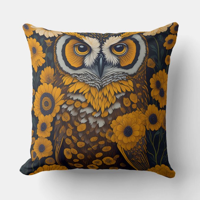 Coussin Chouette avec de grands yeux devant les fleurs #2 (Recto)