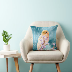 Coussin Chouette beige sur la branche florale violette Éti