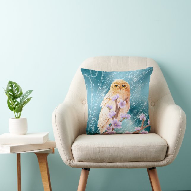Coussin Chouette beige sur la branche florale violette Éti (Chaise)