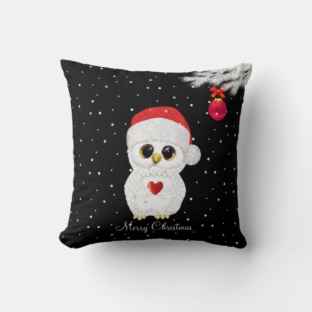 Coussin Chouette blanche de Noël sur noir (Recto)