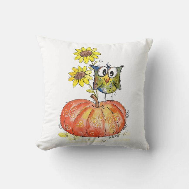 Coussin Chouette blanche mignonne sur Citrouille (Recto)