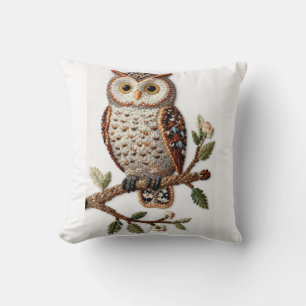 Coussin Chouette brodée sur une branche, design d'art de l