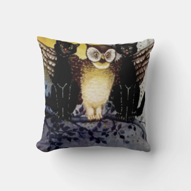 Coussin Chouette Chat Noir Pleine Lune Arbre Nuit (Recto)