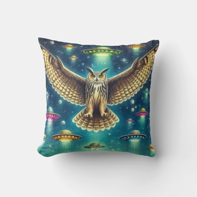 Coussin Chouette cosmique - OVNI dans le ciel (Recto)