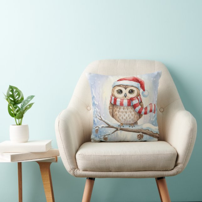 Coussin Chouette de Noël à l'aquarelle dans un chapeau de  (Chaise)