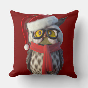 Coussin Chouette de Noël portant un costume de Père Noël e