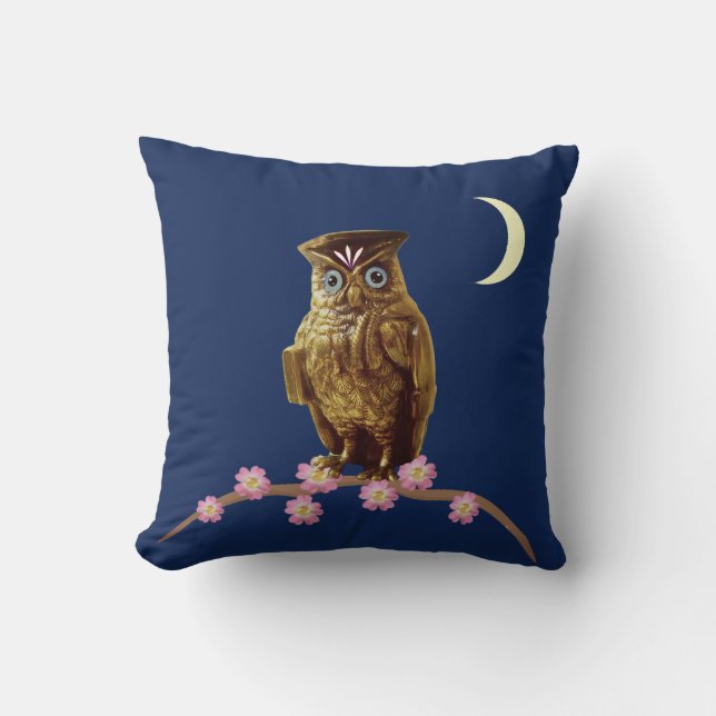 Coussin Chouette dorée, fleurs et croissant de lune sur fo (Recto)