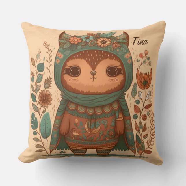 Coussin Chouette florale de mûre boho (Recto)
