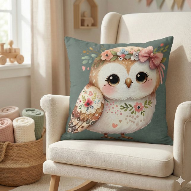 Coussin Chouette Florale Mignonne avec un Nœud (Cute Floral Owl with Bow Throw Pillow Mockup A)
