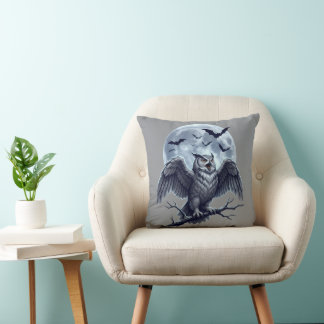 Coussin Chouette grise pleine lune avec chauves-souris