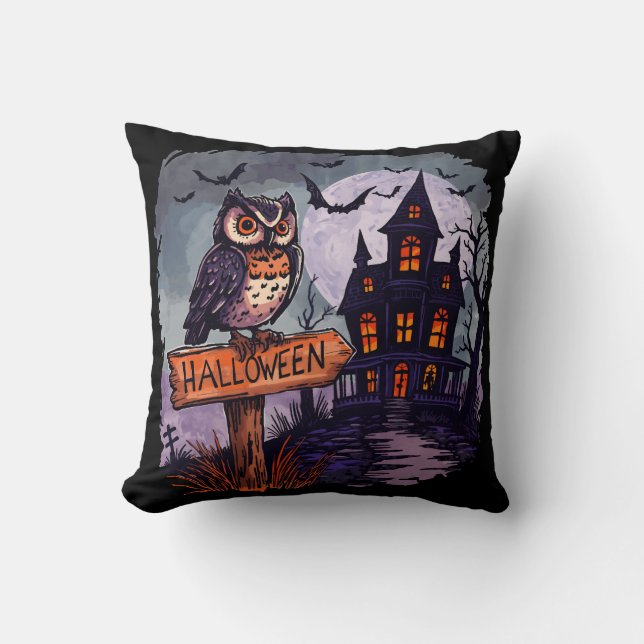 Coussin Chouette hantée et maison Éffrayante - Halloween g (Recto)