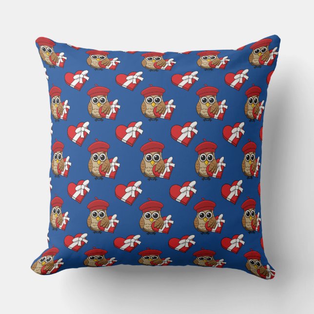 Coussin Chouette mignonne avec béret rouge et boîte cardia (Recto)