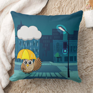 Coussin Chouette mignonne avec parapluie le jour de la plu