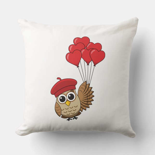 Coussin Chouette mignonne volant avec des ballons de coeur (Recto)