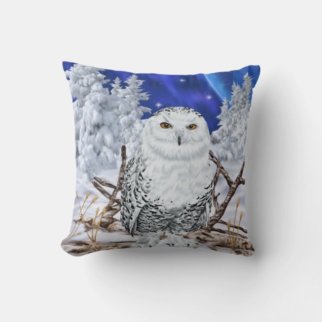 Coussin Chouette neigeuse dans ciel bleu foncé de neige (Recto)