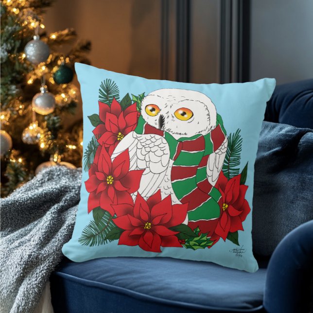 Coussin Chouette neigeuse Poinsettias rouges Noël (Créateur téléchargé)