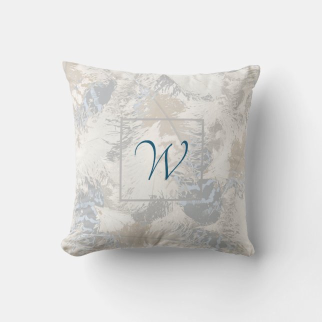 Coussin chouette Plumes, gris, beige et bleu, monogramme (Recto)