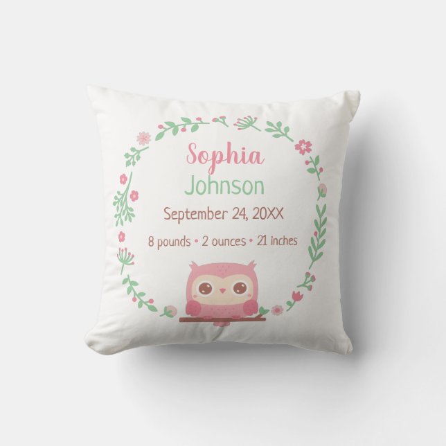 Coussin Chouette rose mignonne et couronne florale, nurser (Recto)
