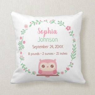 Coussin Chouette rose mignonne et couronne florale, nurser