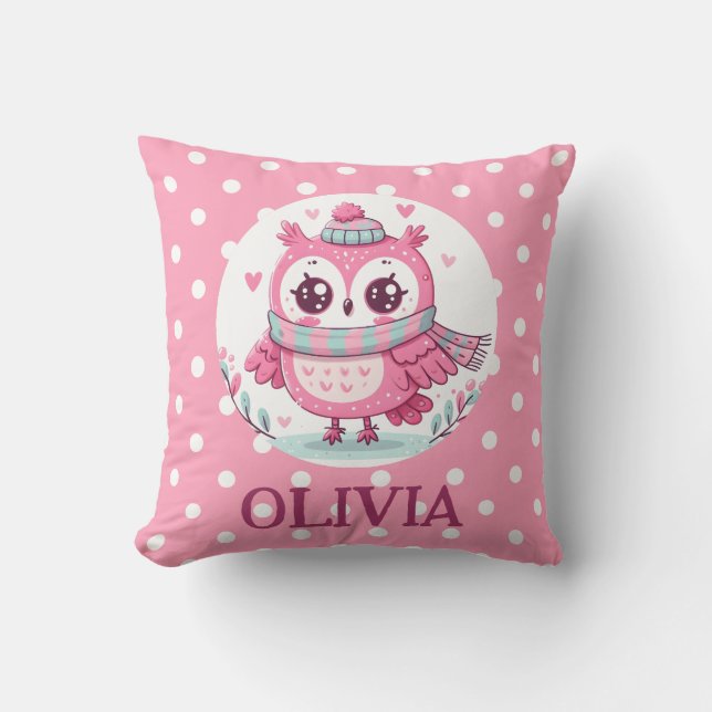 Coussin Chouette Rose Mignonne et Points (Recto)