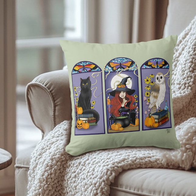 Coussin Chouette sorcière Art Nouveau Chat Halloween (Créateur téléchargé)