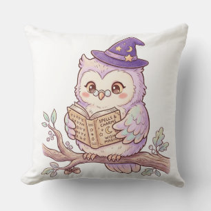 Coussin Chouette Sorcière Mignonne Lisant un Livre de Sort