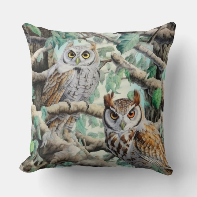 Coussin Chouettes aquarelles dans les arbres (Recto)